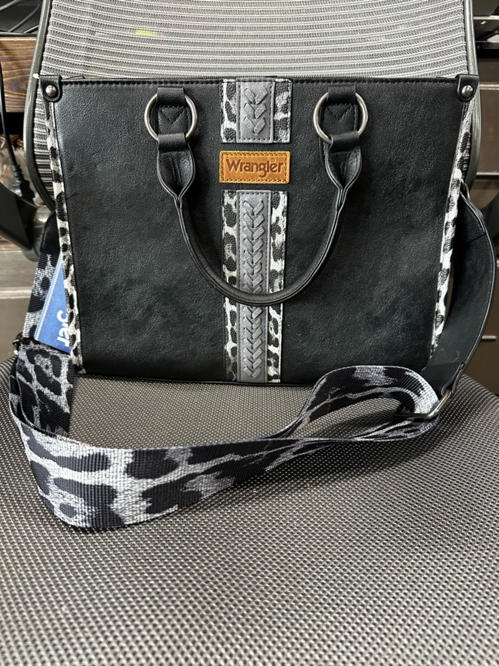 Wrangler Black Crossbody Tote with Gray Leopard-Print Strap and Accents
